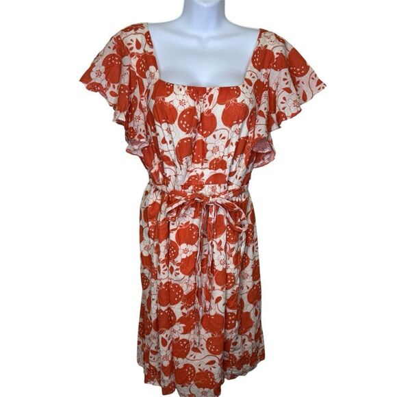 ModCloth Short Flutter Sleeve Orange and Cream Apples Dress Square Neckline XL - Picture 3 of 14